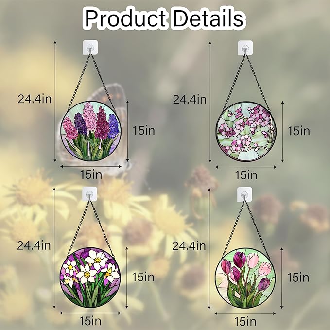 AMDERVEN Stained Glass Window Hanging 4 Pcs Set Tulips Plum Flower Daffodils Hyacinths Large 15" - Suncatcher Door Garden Sun Catcher Decor Birthday Mother's Day for Mom Woman Nana