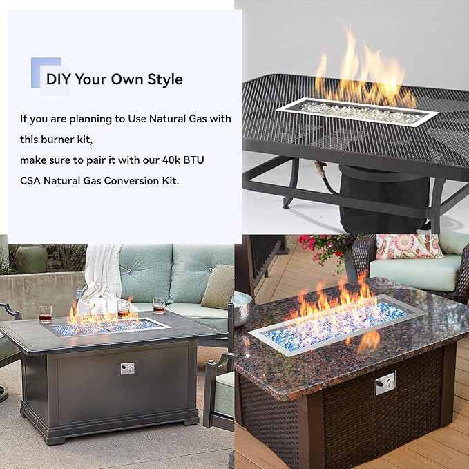 Skyflame Stainless Steel 24" Rectangle Fire Pit Drop-in Burner Kit with Extinguishing Protection Device, Flame Sensing, Electronic Spark Ignition, Gas Hose Connector for Propane