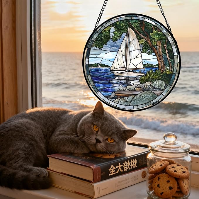 QZQCBLC Stained Glass Window Hanging Blue Ocean White Sailboat 6.3" - Nature Suncatcher Door Garden Sun Catcher Home Decor Birthday Christmas for Woman Mom Men Friend Nana