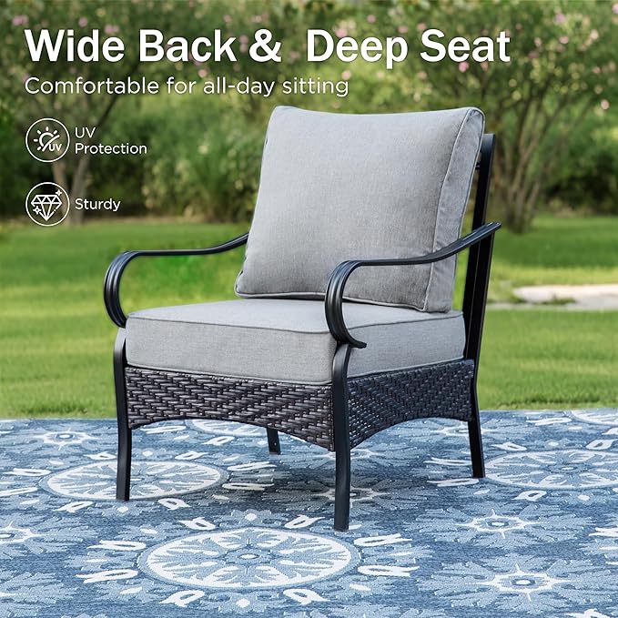 PHI VILLA Outdoor Modern Patio Furniture Set, Upgraded Wicker&Metal Patio Furniture Conversation Set with Waterproof Thick Cushions for Porch, Poolside, Deck, and Yard (4 Pieces,Grey)