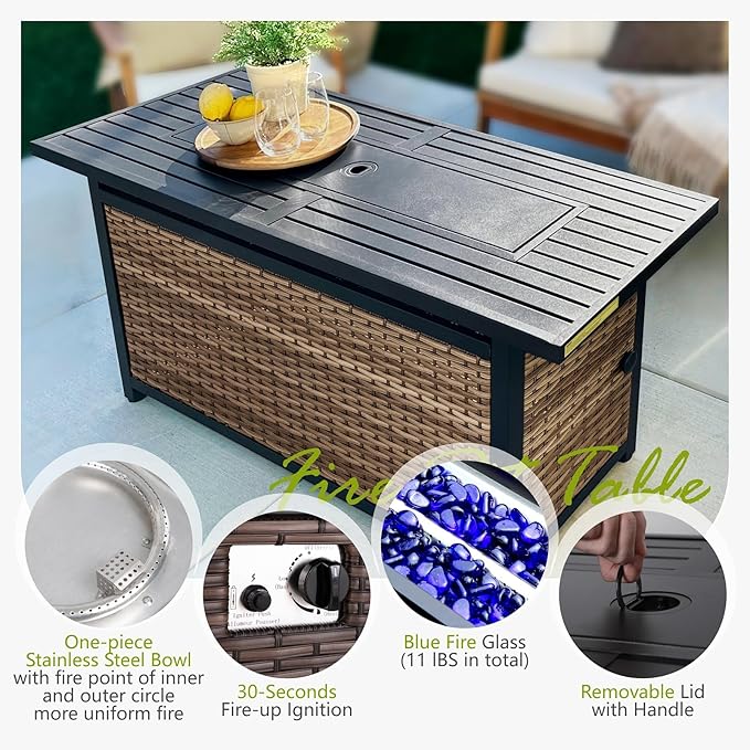 Sophia & William Patio Furniture Set with Fire Pit Table, Large Outdoor Wicker Rattan Sectional Sofa 8 Piece Patio Conversation Set for Deck, Backyard, Porch, Outside(56-Inch Fire Pit,Beige)