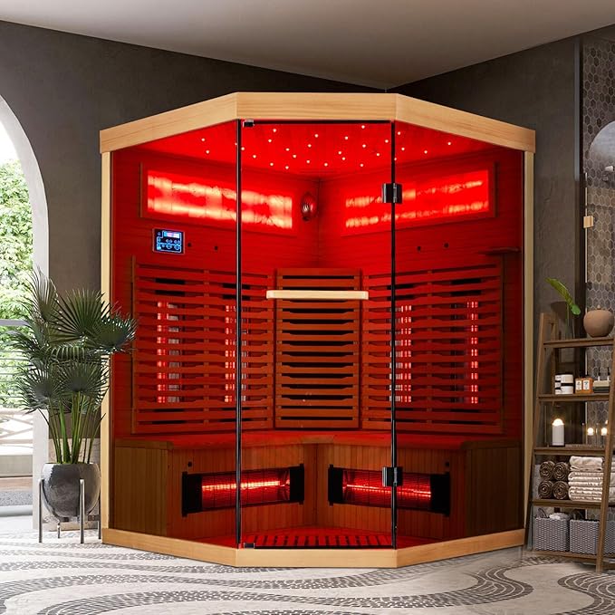 3-4 Person Infrared Home Sauna-Corner Sauna Spa Room w/Himalayan Salt Therapy & Starry Sky Spa,Canadian Hemlock, Tempered Glass (220V, ETL Certified)