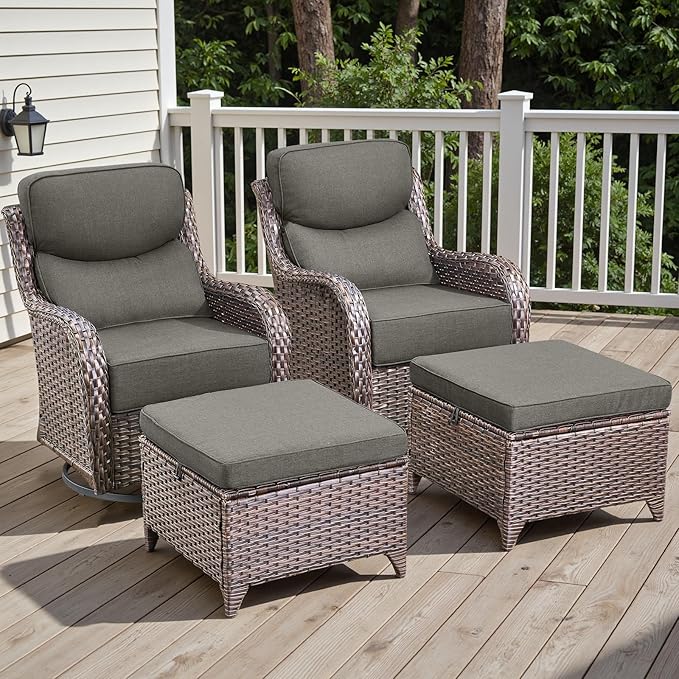 Rilyson Wicker Outdoor Patio Furniture Set - 4 Piece Patio Conversation Set with Swivel Rocker Chairs and Ottomans, 6 inch Cushions, High Back, Deep Seating, for Porch Deck Garden Brown/Grey