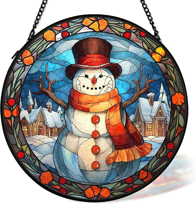 cvjutf Christmas Snowman Suncatcher Stained Glass Window Hanging Decor, Winter Snowman Stained Glass Wall Decor, Christmas Garden Sun Catchers Indoor Window Hanging Wall Art, 7.9x7.9In