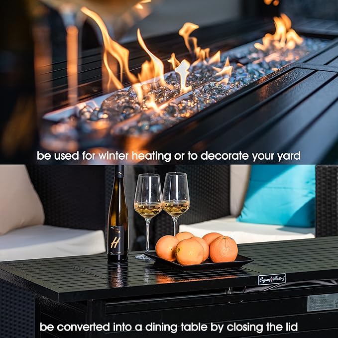 LEGACY HEATING 57 inch Propane Fire Pit Table Outdoor Gas Fire Pit Table, 50000BTU Fire Table with Lid, Retangular Black Firepit Table for Garden Backyard Deck Poolside Party
