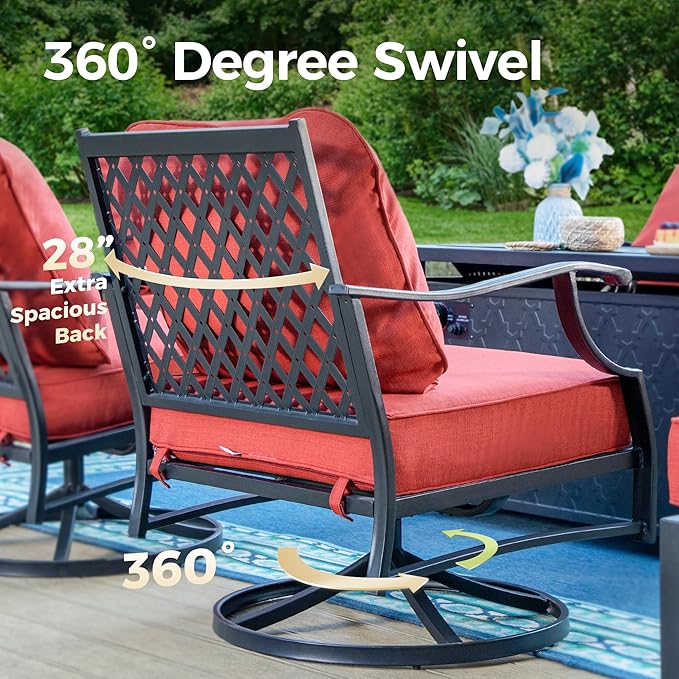 Patio Furniture Set 5 pcs, Outdoor Patio Furniture, 3-Seat Sofa, 2 Swivel Chairs, 2 Ottomans and 5.75" Extra Thick Cushion, Patio Conversation Set for Garden Backyard Deck,Red