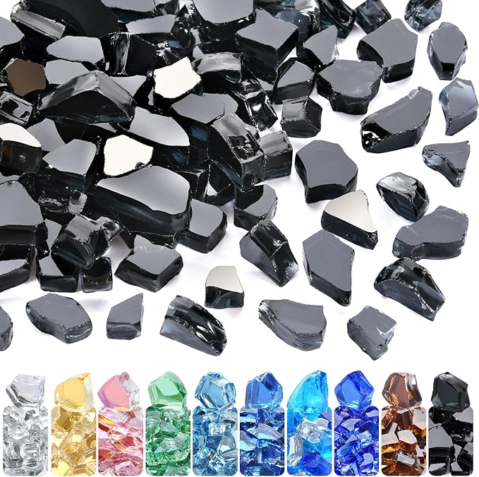 GasSaf 1/2 Inch Fire Glass Reflective Tempered Fireglass Cut Crushed FireGlass for Fire Pit, Fireplace, Replaces Existing Gas Logs & Lava Rocks (10 Pound)(Black Reflective)