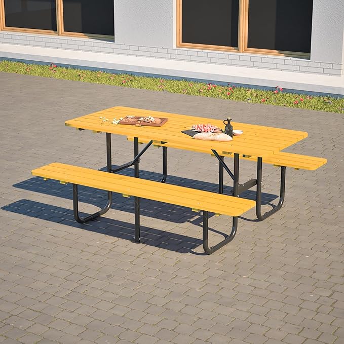 Rueekfil 72" Rectangular Commercial Picnic Table with Wooden Top, Metal Legs, Durable Outdoor Dining Table Camping Table with 1.97" Umbrella Hole for School, Warehouse, Yellow