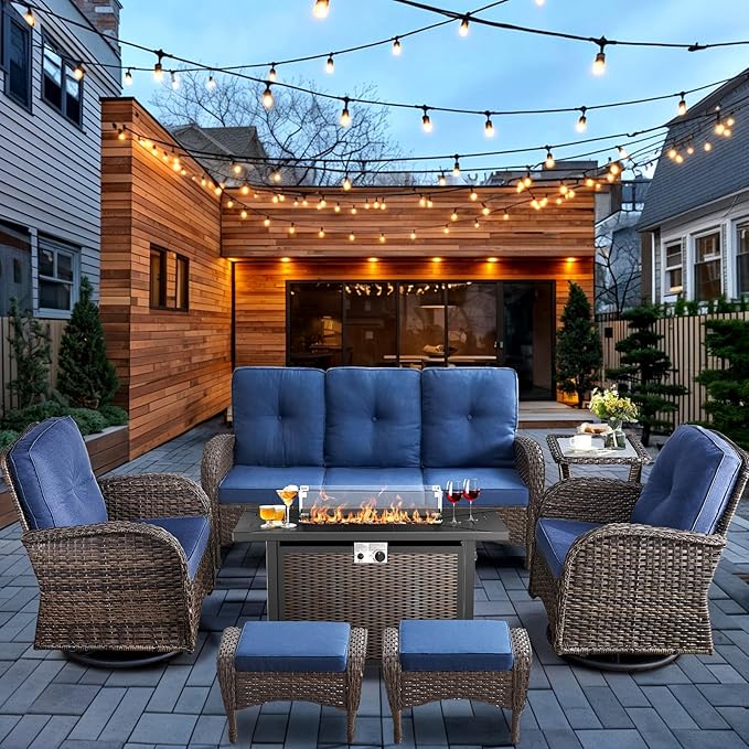 HUMMUH 7-Piece Patio Furniture Set with Fire Pit,Wicker Patio Sofa Set Outdoor Swivel Rocking Chairs with Ottomans for Backyard,Poolside,Deck