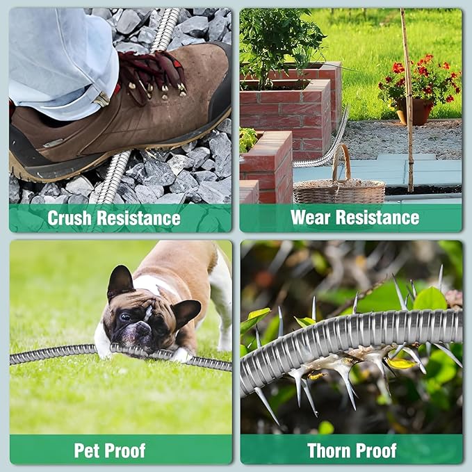 50Ft Metal Garden Hose durable stainless steel Water Hose, flexible, lightweight hose is resistant to kinks and tangles.With 10-way nozzle, strong 3/4” metal fittings, and a Stop Valve.