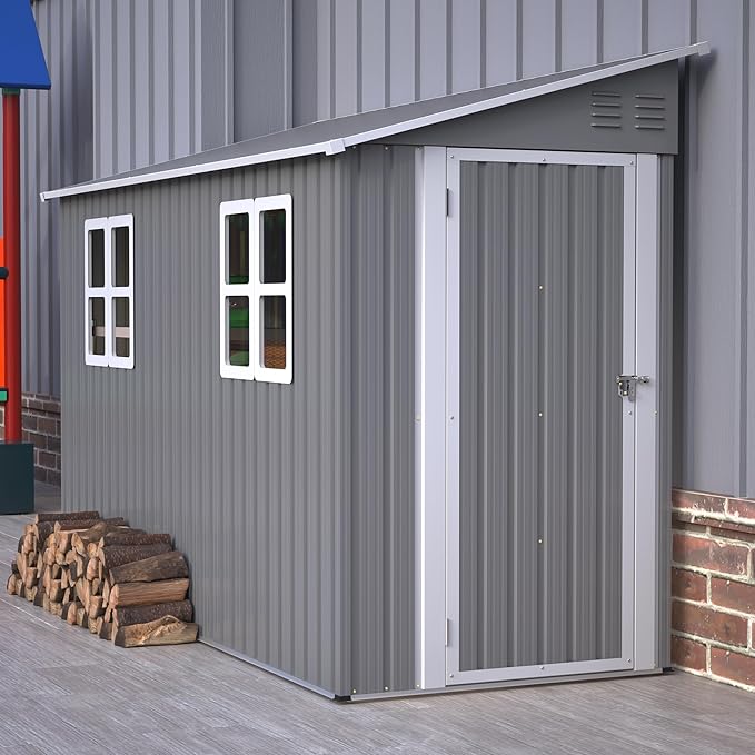4X10 FT Outdoor Storage Shed W/ 2 Windows & Floor Frame,Lean to Shed W/Reversible Installation,Metal Garden Tool House W/Air Vents,Lockable Door & Sloped Roof,for Backyard Patio Lawn,Gray