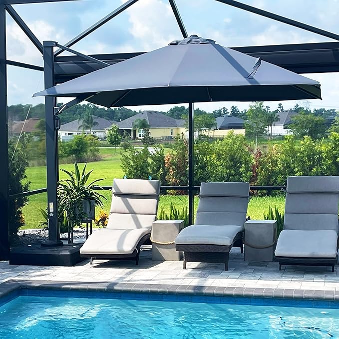 PURPLE LEAF 11 FT Square Patio Umbrella with Base Included Large Outdoor Offset Umbrella with 360-degree Rotation Cantilever Umbrella for Garden Deck Backyard Pool Grey