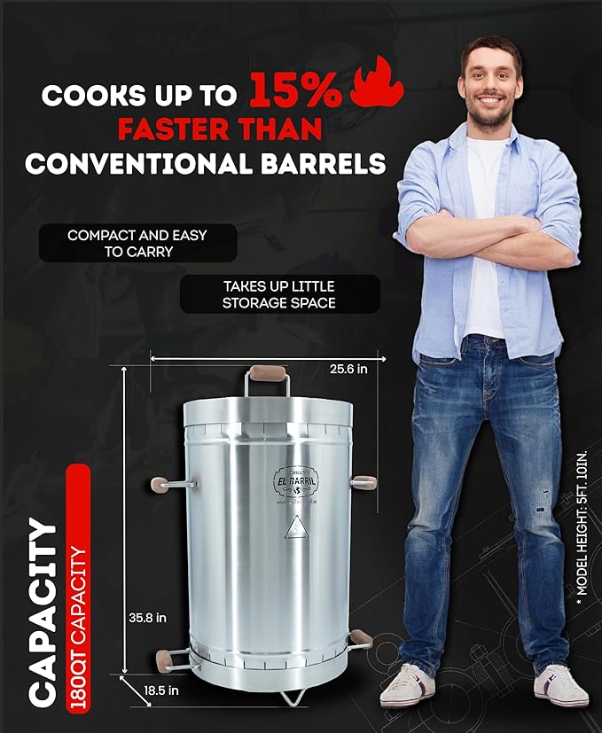 EL BARRIL 45lbs Smoker Grill Combo, Stainless Steel Vertical Barrel Charcoal Grill, Outdoor Smoker with Even Heat Distribution