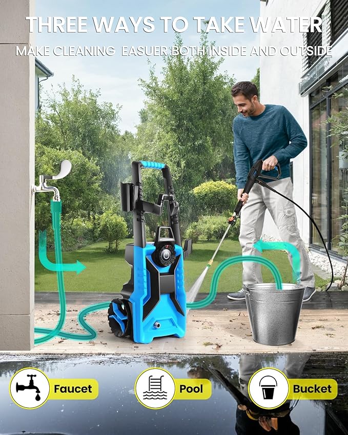 Pressure Cleaner High Power Cleaner with 33ft Pressure Hose, 4 Nozzle and 500ml Foam Cannon for Cars/Fences/Driveways/Patios/Home Cleaning (Navy Blue)