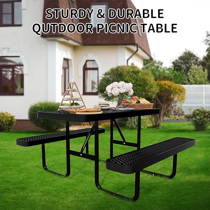 HIMcup 4FT Rectangular Steel Outdoor Picnic Table,Commercial Black Picnic Table Bench Set with Umbrella Hole, Weather-Resistant Heavy Duty School Dining Table for Patio, Garden, Backyard