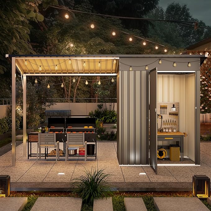 AECOJOY 10x4FT Metal Lean to Shed with Open-Sided Pergola, 5x3 FT Outdoor Storage Shed & 5x3 Attached Hardtop Gazebo Combo, 30 Sq.Ft Covered, 2-in-1 Small Sheds & Outdoor Storage for Patio