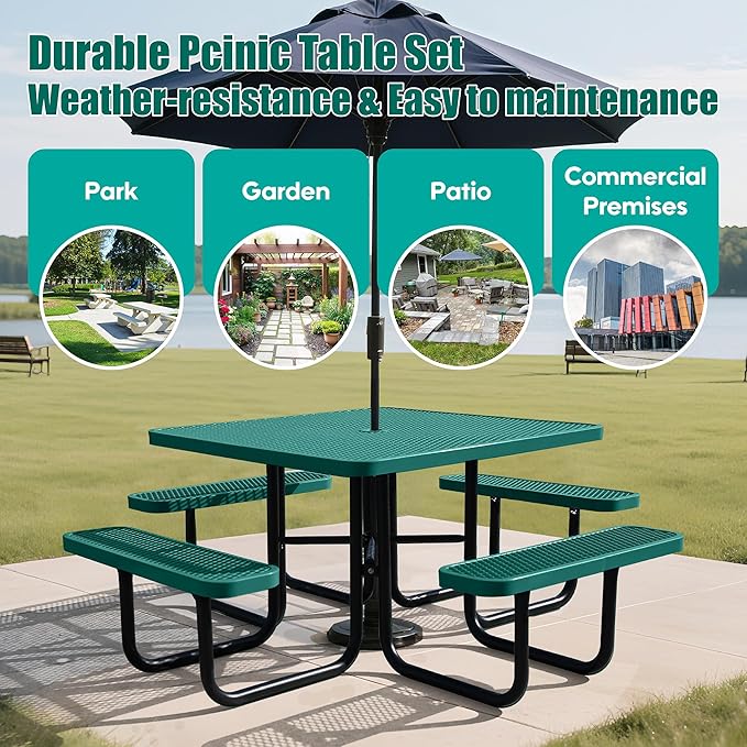 Sunnibety 8-Person Picnic Tables for Outdoors, Industrial 46" Expanded Metal Square Picnic Table with 4 Benches & Umbrella Hole, Outside Table and Bench Set for Garden, Backyard, Porch, Patio, Green
