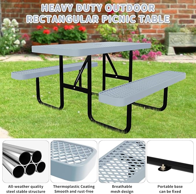HIMcup 48'' Rectangular Steel Picnic Table for Outdoors,Commercial Metal Picnic Table Bench Set with Umbrella Hole,School Canteen Table W/Seats - Heavy Duty Sturdy Picnic Tables for Patio Garden