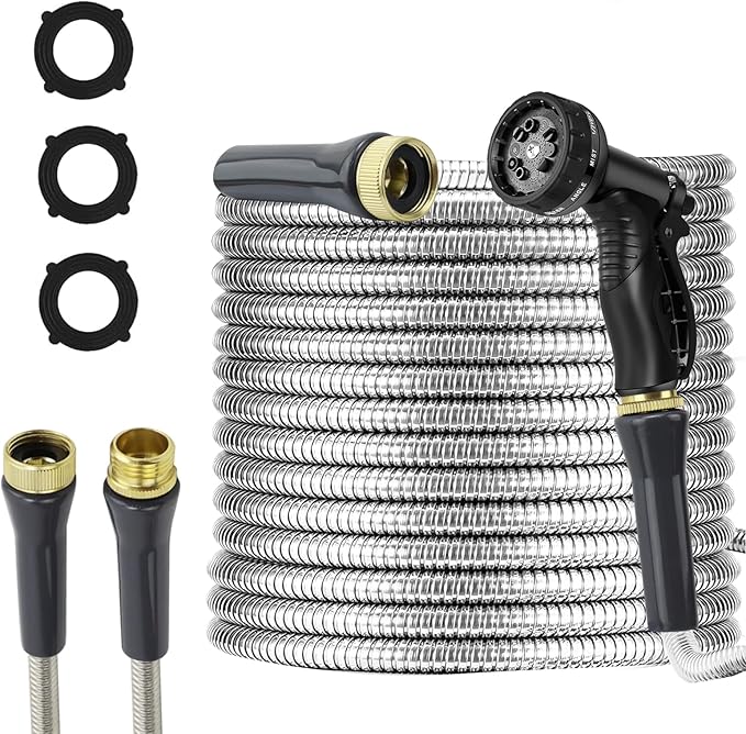 Stainless Steel Garden Hose 100ft Heavy Duty Metal Water Hoses with 10 Function Water Hose Nozzles for Yard Outdoor