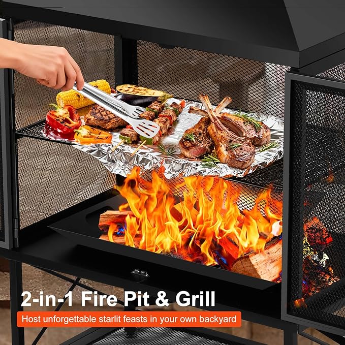 Fire Pits for Outside Wood Burning - 39" H Square Metal Outdoor Chiminea Fireplace with Grill, Mesh Spark Screen & Fire Poker, Ideal for Garden, Backyard, Patio, Party, Camping, Picnic, BBQ, Bonfire