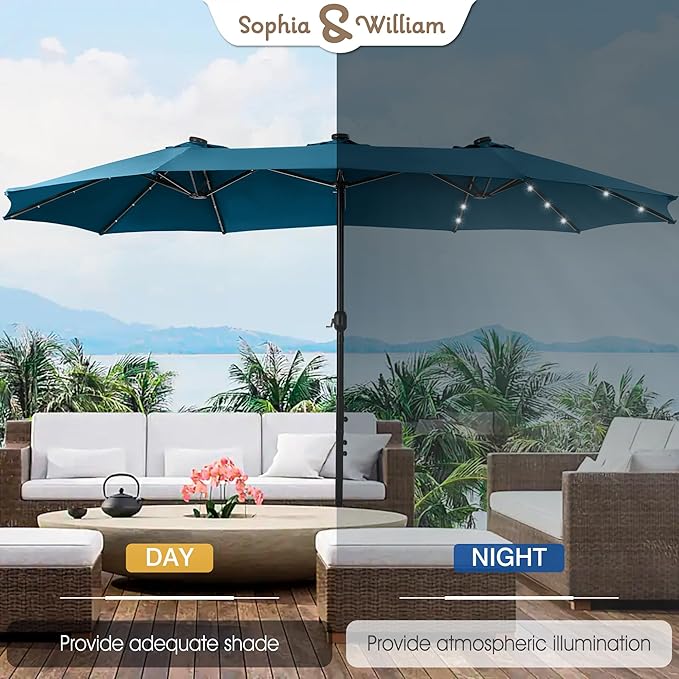 Sophia & William 15 ft Extra Large Patio Umbrella with Solar Lights, Rectangular Outdoor Umbrella with Base Included, Market Umbrella Double-sided Heavy Duty for Pool Garden Backyard, Cyan-blue