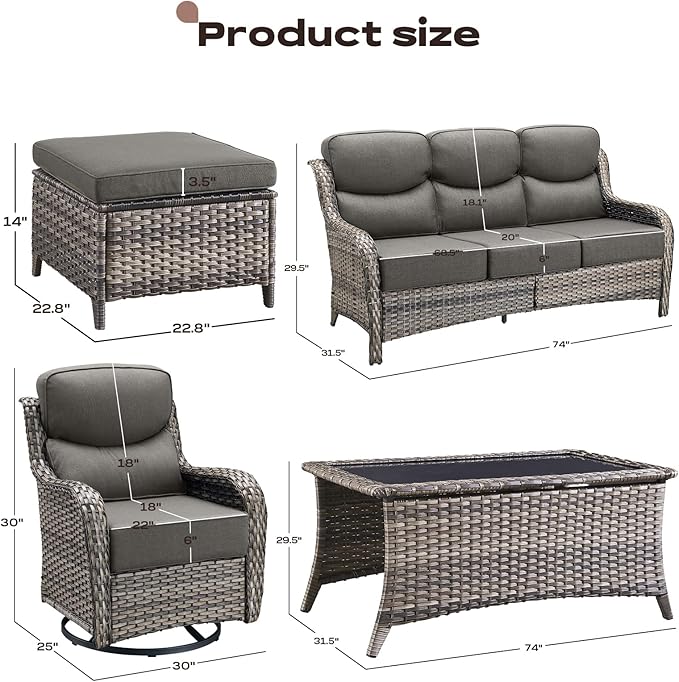 Rilyson Wicker Outdoor Patio Furniture Set - 8 Piece Patio Conversation Sets with Swivel Rocker Chairs, Ottomans, Sofa and Coffee Table, 6 inch Cushions, Deep Seating, for Porch Deck Mixed Grey/Grey