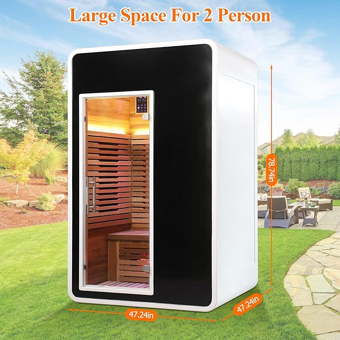 2 Person Infrared Sauna Room for Home,Canadian Hemlock Outdoor Wooden Dry Sauna with Rapid Heating Tubes& Carbon Plate,LCD Control Panel and Tempered Glass Door (2 Person-Hemlock)
