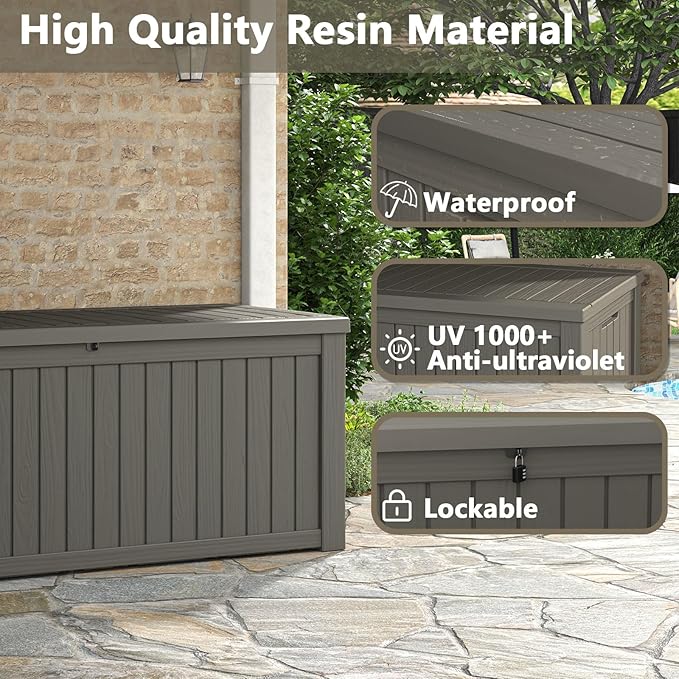 Outdoor Storage Box, 180 Gallon Deck Box, Waterproof and UV Resistant Large Resin Storage Bin, Organization and Storage for Patio Furniture, Outdoor Cushions, Garden Tools, Lockable