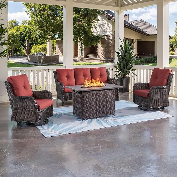 HUMMUH Outdoor Patio Furniture with Fire Pit Table Outdoor Conversation Set PE Wicker Patio Couch Swivel Glider Chairs for Balcony Garden,Lawn,Deck