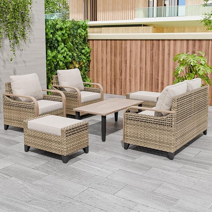 EAGLE PEAK Modern Wicker Outdoor Patio Furniture Set, Patio Conversation Set, 2 Chairs, 2-Seat Loveseat, 2 Ottomans and Coffee Table, 6 Pieces, Brown/Gray