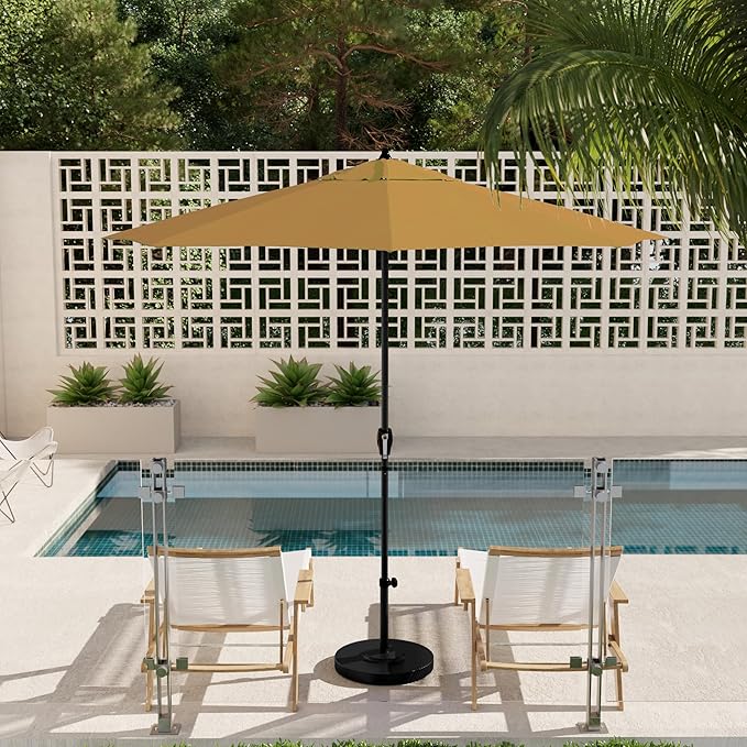 California Umbrella 9' Rd Aluminum Patio Umbrella, Crank Lift, Auto Tilt, Black Finish, Sunbrella Wheat