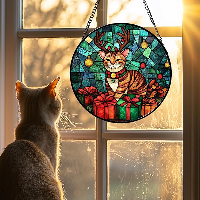 CRISGIF Stained Glass Window Hanging Cat with Elk Antlers Large 11.8" - Suncatcher Door Garden Sun Catcher Home Decor Birthday Christmas for Lost Pets Mom Men Woman Nana