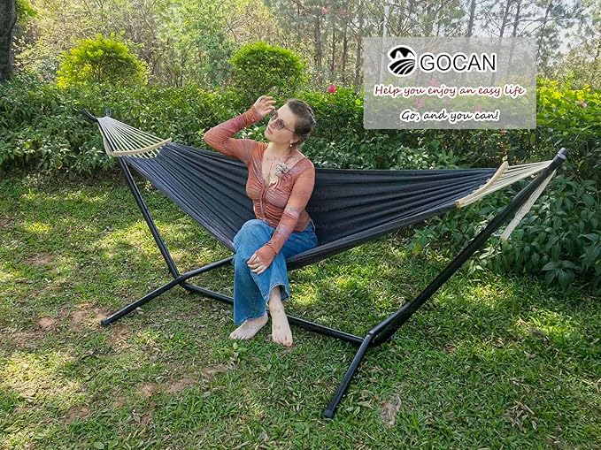 GOCAN Double Hammock 2 Person Extra Large 220x150cm Total Length 330cm Load 500lb Canvas Cotton Hammock for Patio Porch Garden Backyard Lounging Outdoor and Indoor with Removable Spreader bar