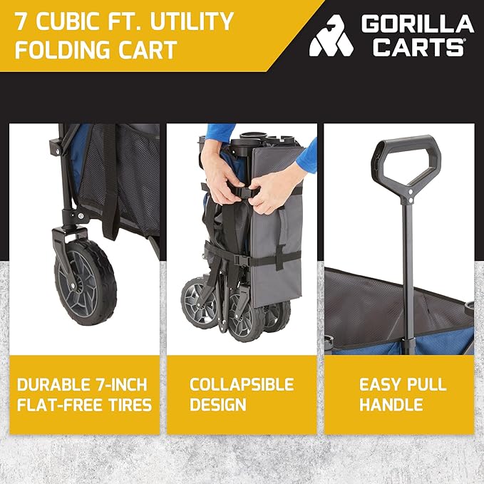 Gorilla Carts Collapsible Folding Outdoor Utility Wagon, 7 Cu Ft Oversized Bed, 150 lb Load Rating, Blue – Foldable Rolling Cart w/ Pockets & Cup Holders for Beach, Camping, Sports or Picnic