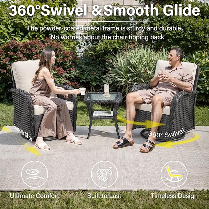 Belord 7-Piece Modern Black Wicker Patio Conversation Set - 4 Swivel Glider Chairs & 50,000 BTU Propane Fire Table
