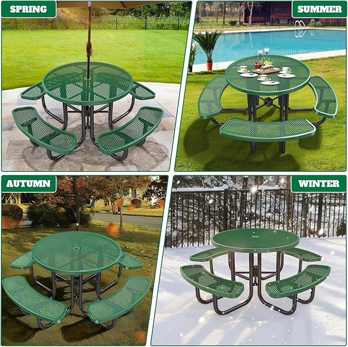 46" Round Top Outdoor Picnic Table Set for Up to 8 Persons, Outside Table Set with 4 Built-in Benches, Metal Commercial-Grade Dining Furniture with Umbrella Hole for Garden, Backyard, Porch, Green