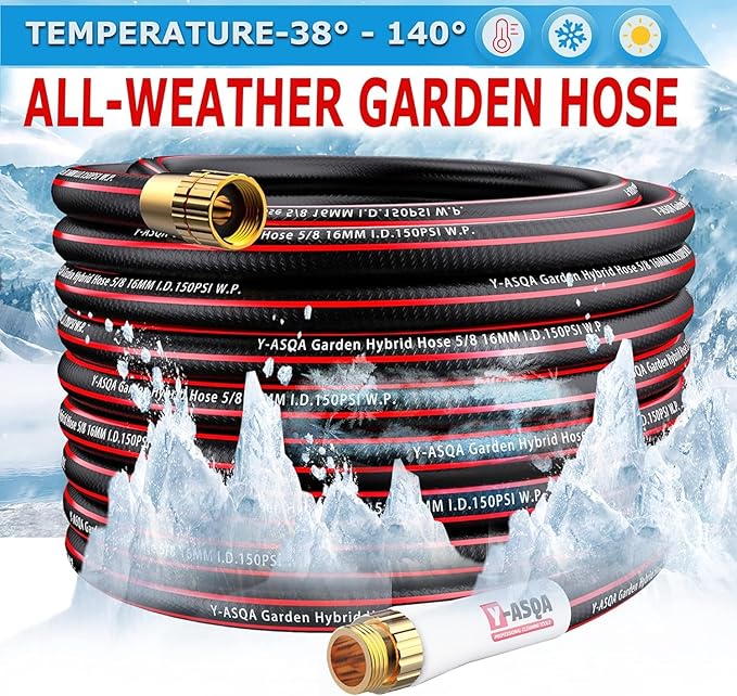 YASQA 50 ft Garden Hose with Nozzle,Lightweight 5/8in Water Hose with 10 Functions Spray Nozzle,3/4'' Heavy Duty Brass Fittings,Durable Kink Free Rubber Pipe for Yard, Car, Pets,Outdoor