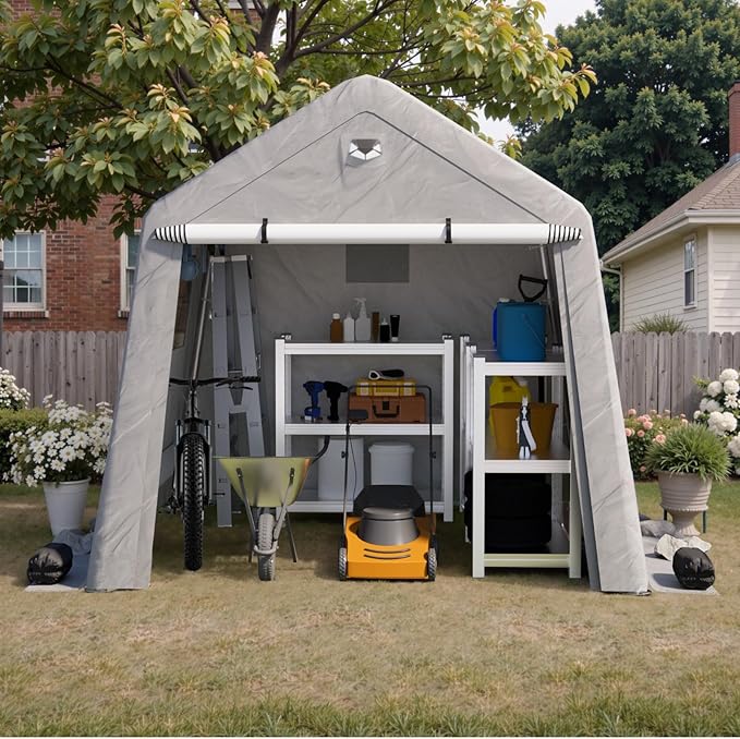 8x8 FT Outdoor Storage Shed, Portable Outdoor Storage Shelter with Roll Up Zipper Door and Vent Windows, Silver Grey