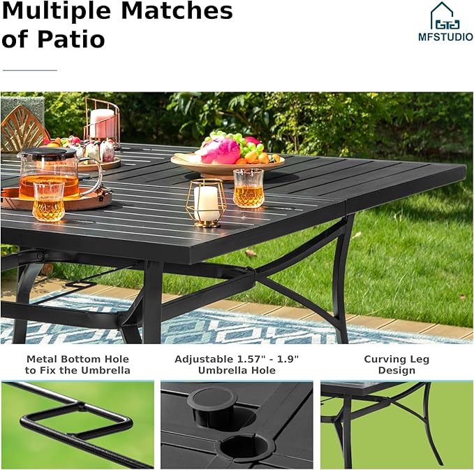 MFSTUDIO 60" Square Metal Outdoor Dining Table, Large Patio Furniture 8 Person Table with Adjustable Umbrella Hole for Deck,Backyard,Lawn,Garden(Black)