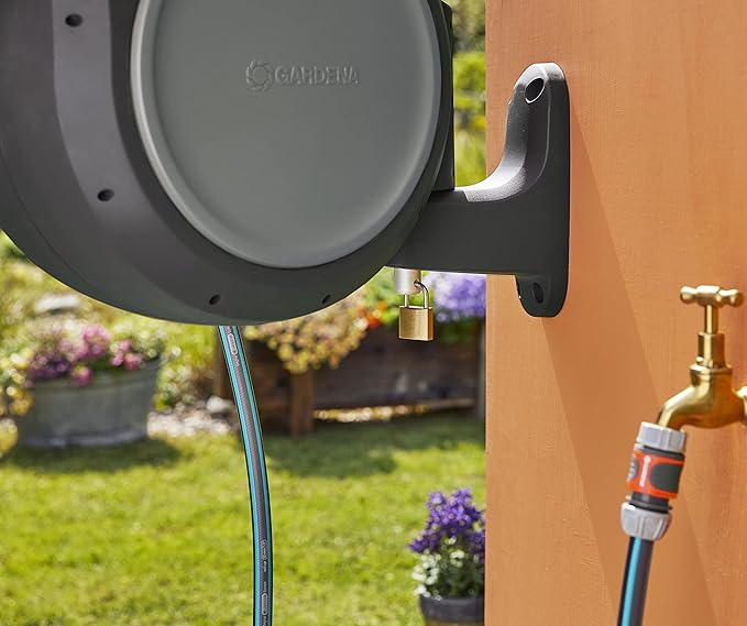GARDENA (20500) Retractable Garden Hose Reel 50' x 1/2" hose, Wall Mounted, Automatic Retraction & Length Lock for Easy Watering. Heavy Duty Swivel Bracket 180°, Includes Nozzle. Made in Europe