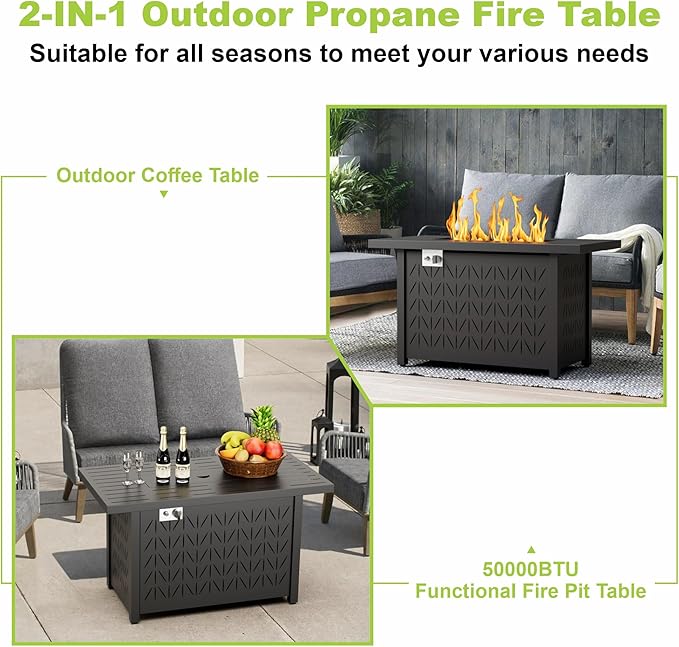 43 Inch Rectangular Propane Fire Pit Table for Outdoor Patio – 50,000 BTU Gas Firepit with Lid, Cover & Lava Rocks – Metal Fire Table with Hidden Tank Storage (Black, 43" Rectangular)