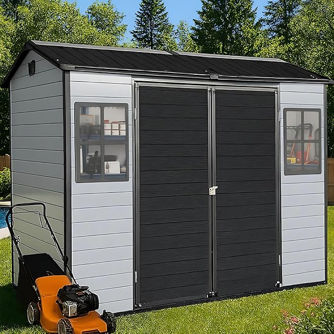 8x4ft Resin Outdoor Storage Shed with Floor and 2 Windows, Plastic Sheds & Outdoor Storage Clearance for GardenTools, Patio Furniture, Bike Accessories and Lawn Mower, Black+Grey