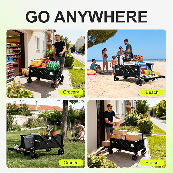Collapsible Wagon Cart with Extended Tailgate,Heavy Duty Folding Cart, 155L Foldable Utility Wagons for Beach, Picnic, Grocery, Outdoor Camping(Black)