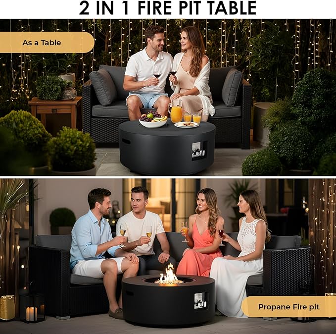TLGREEN 30in Propane Fire Pit Table Set,2 in 1 Round Patio Table,50,000 BTU,Rain Cover,Outdoor Gas Firepit,304 Stainless Burner,Adjustable Legs, Blue Glass for Backyard, Garden,Pool,Balcony,Dark Gray