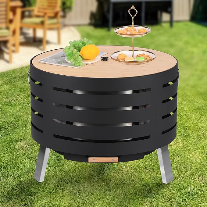 26'' Smokeless Fire Pit Stove Bonfire, Outside Stainless Steel Fire Pit Wood Burning with Ash Pan & Lid, Fire Poker and Dust Bag, Large Firepits Table for BBQ/Bonfire/Camping