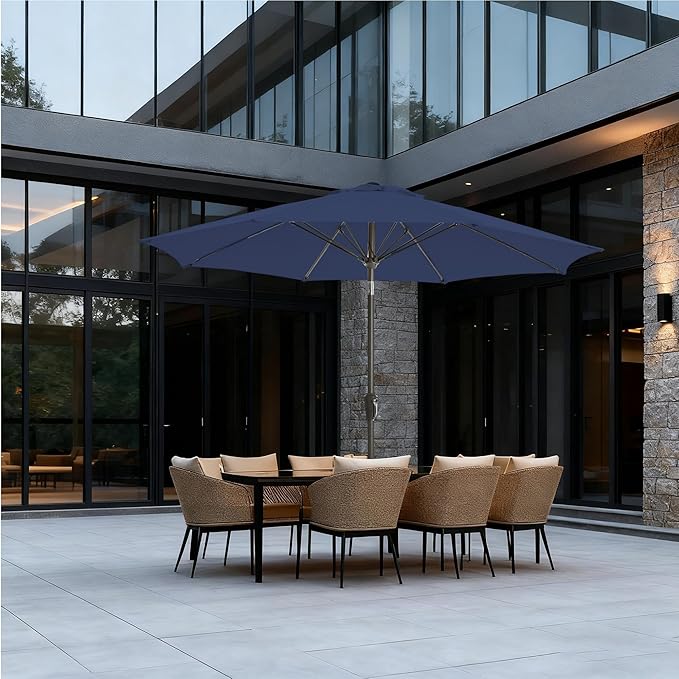 9FT Large Outdoor Patio Umbrella Market Table Umbrella-UV Resistant, Easy Push Button Tilt and Crank, 8 Sturdy Ribs Heavy-Duty Pool Umbrella for Deck, Backyard,Garden,Navy