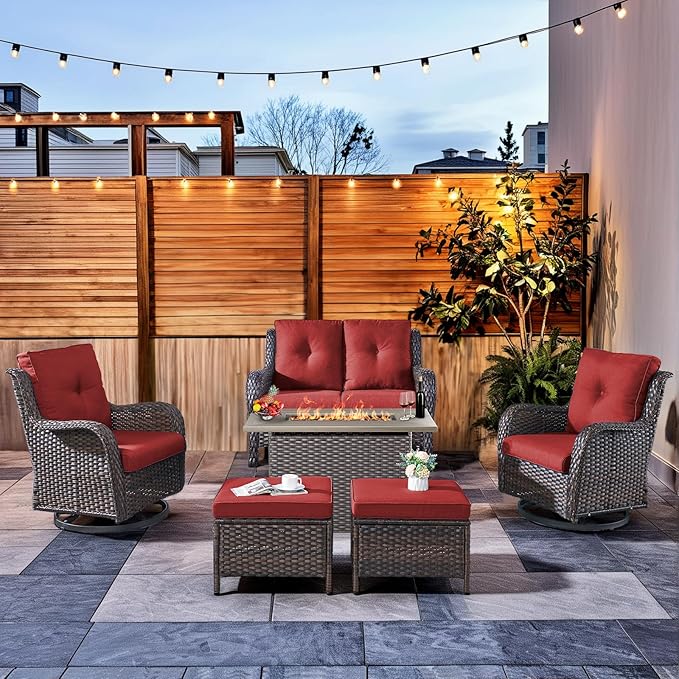 HUMMUH 6-Piece Patio Furniture Set with Fire Pit Table Wicker Outdoor Swivel Rocker Patio Chairs High Back Loveseat Conversation Set for Porch, Backyard, Deck