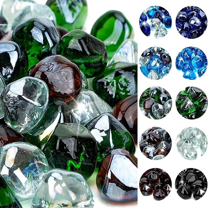 onlyfire 10-Pounds Fire Glass Diamonds for Propane Fire Pit, 1 Inch Blended Firepit Glass Rocks Stones for Gas Fireplace and Fire Pit Table, Emerald Green, Crystal Ice and Amber