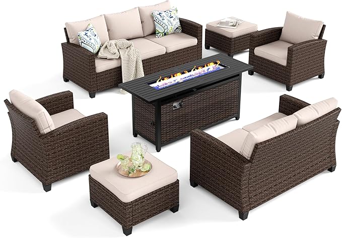 HERA'S HOUSE Wicker Patio Furniture Set with Fire Pit Table, Outdoor Rattan Conversation Sofa Sets for Lawn Yard