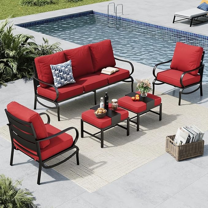 MFSTUDIO 5 Pieces Patio Conversation Sets, 7 Seats Metal Patio Furniture Sets with 1 x 3-Seat Sofa, 2 x Sofa Chairs, 2 x Ottoman, All Weather Steel Patio Sets with 5.75inch Red Cushion for Garden
